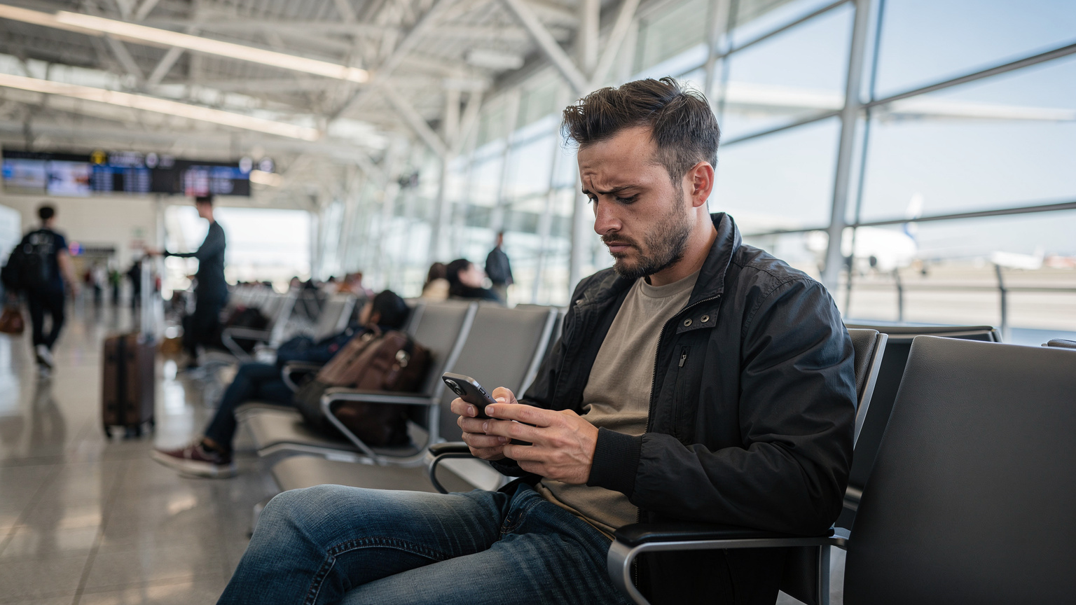 Un homme d'affaires avec une barbe de trois jours, l'air légèrement préoccupé, regardant son iPhone dans un terminal d'aéroport moderne à l'aéroport international de Kansai à Osaka, Japon.