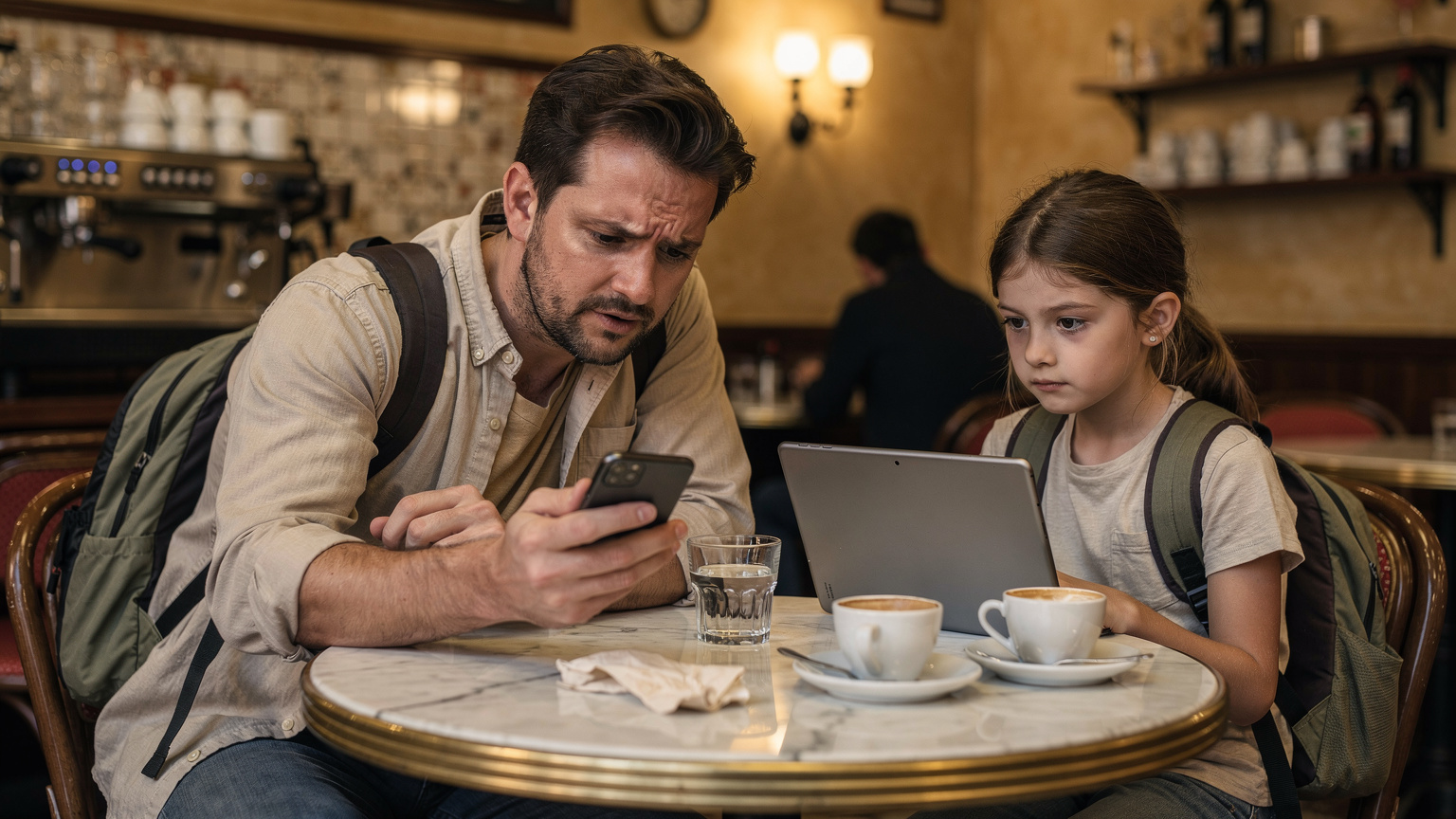 Um pai e sua filha, sentados em uma cafeteria charmosa em Milão, o pai frustrado olhando para o celular com um problema de conectividade, enquanto a filha, impaciente, observa seu tablet sem internet.