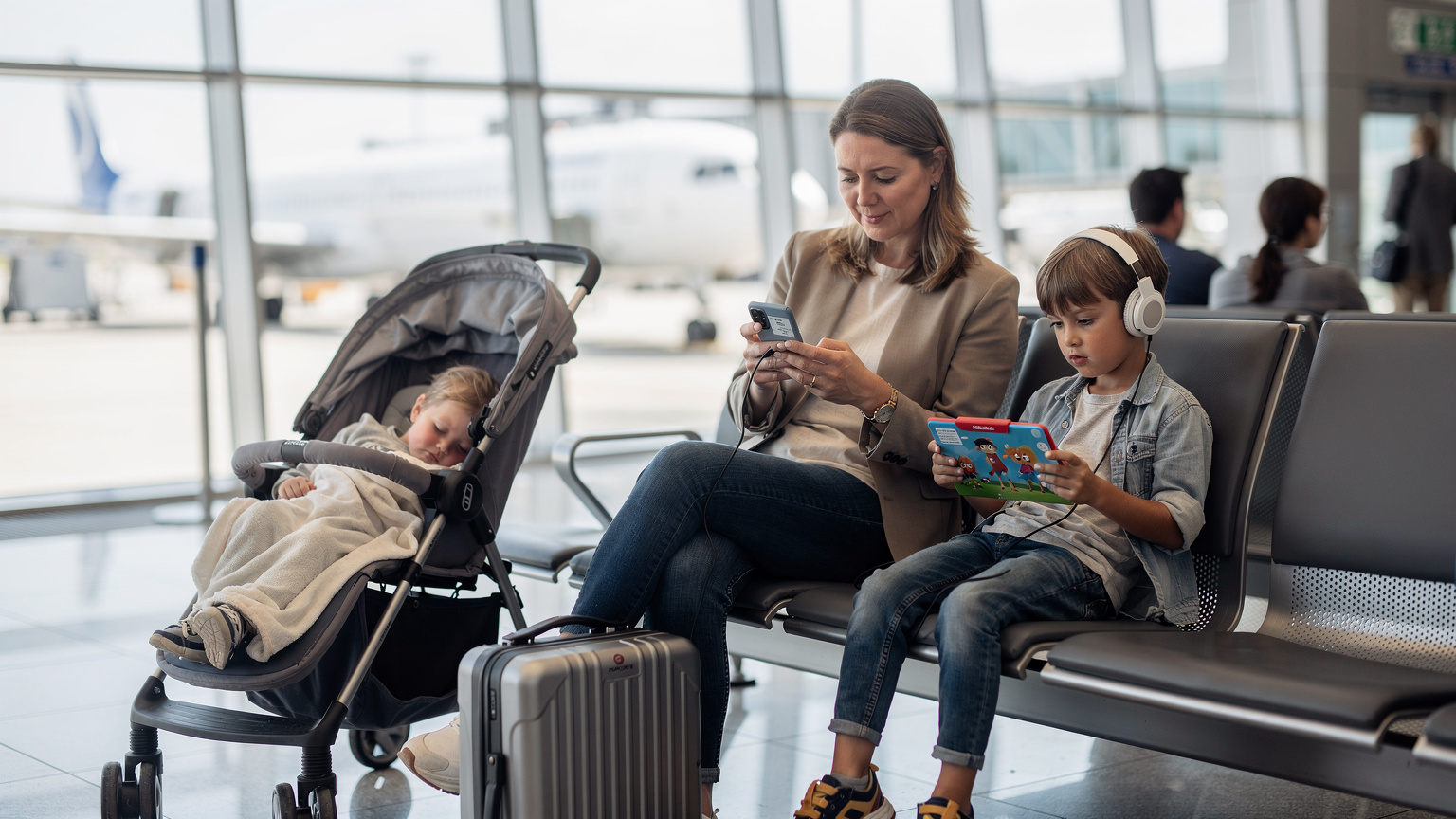 Uma mulher sentada em um banco no aeroporto, com o celular na mão escaneando um QR code de ativação do eSIM. Seu filho mais novo dorme tranquilamente em um carrinho de bebê ao lado, enquanto o mais velho assiste a desenhos em um tablet.
