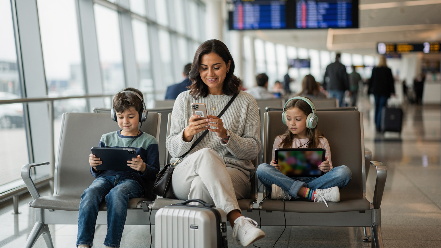 Uma mãe em um aeroporto movimentado, com seu celular na mão, digitalizando um QR code para ativar seu eSIM, enquanto suas duas crianças estão sentadas pacificamente ao lado, entretidas com seus tablets e fones de ouvido.