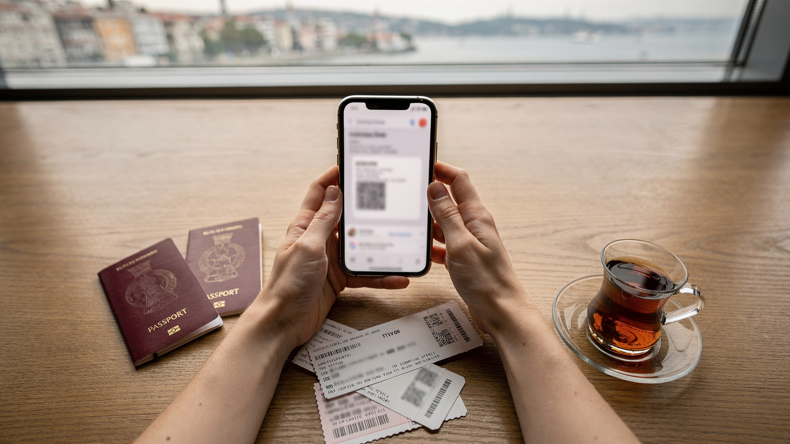 Bir annenin elinde, üzerinde Cellesim logosu bulunan bir akıllı telefon ekranında, farklı ülkelerin eSIM paketlerini karşılaştırdığı bir arayüz görünüyor. Masanın üzerinde pasaportlar ve biniş kartları var.