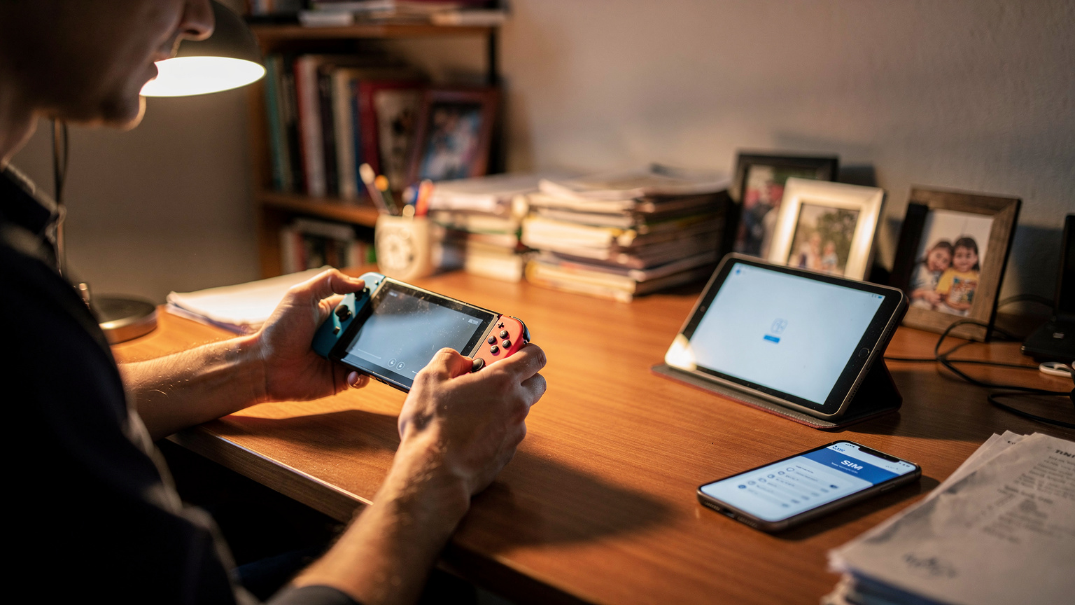 Bir ebeveynin, çocuklarının oyun konsolu (Nintendo Switch) ve tabletleri için çevrimdışı oyun ve film indirme işlemi yaparken, bir yandan da eSIM paketlerinin veri kullanımını takip ettiği bir an.