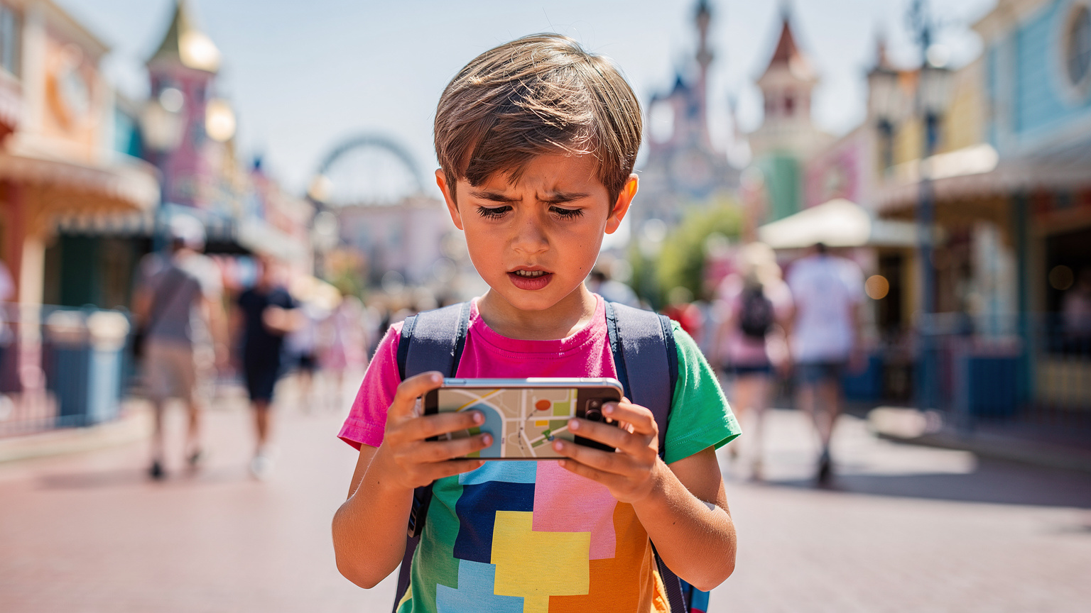 Bir çocuk, Disneyland gibi bir tema parkında, telefonundaki özel bir uygulama üzerinden park haritasına bakarak navigasyon yapmaya çalışıyor.