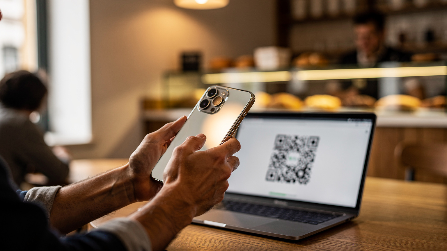 Mãos de uma pessoa segurando um iPhone 18, escanenado um QR code de ativação de eSIM exibido em uma tela de computador, em um café moderno no Chiado, Lisboa.