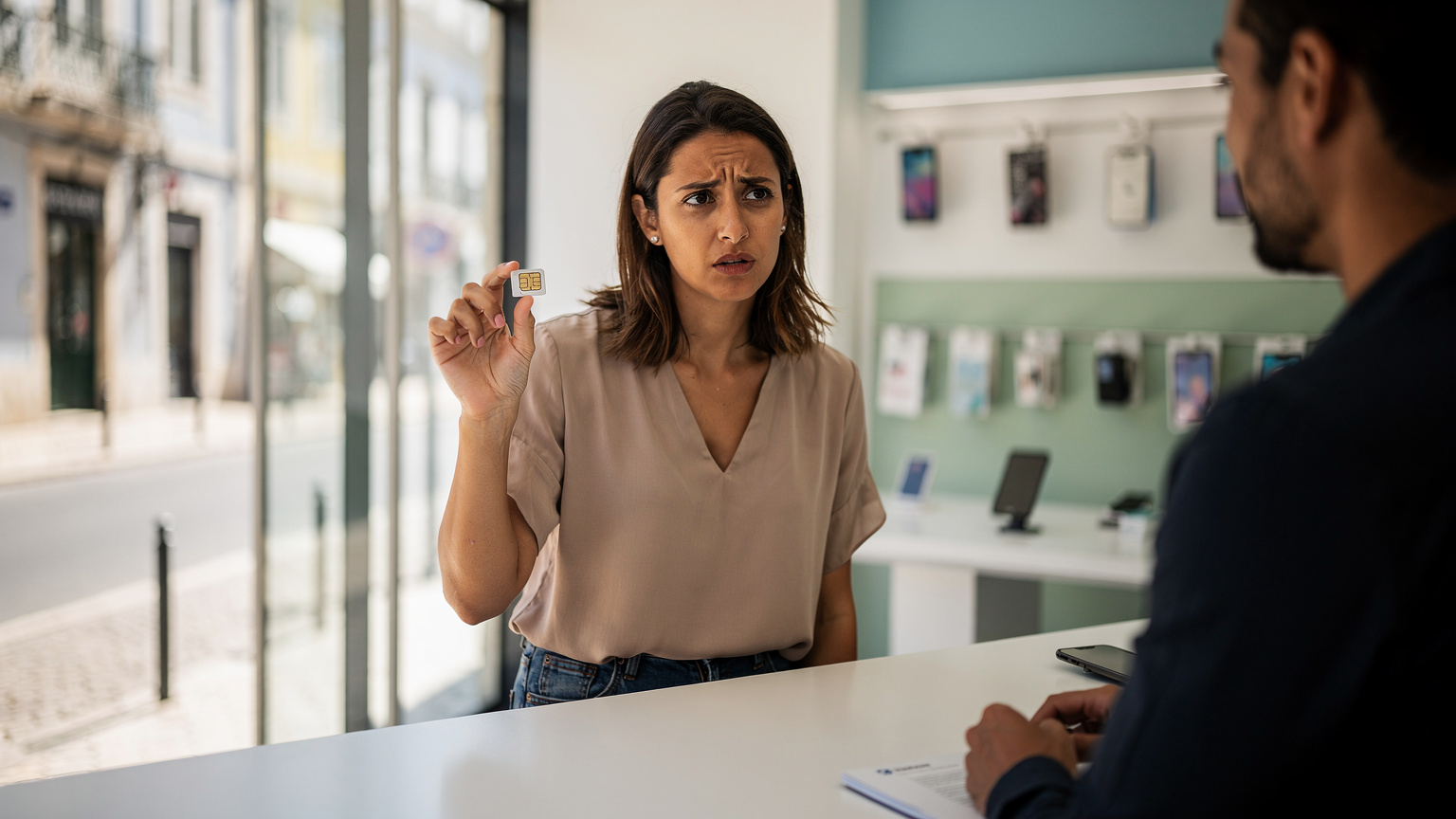 Uma mulher frustrada em uma loja de operadora em Lisboa, olhando para o balcão com um chip físico na mão e a expressão de quem está com dificuldades na ativação, sob a luz de um dia claro.