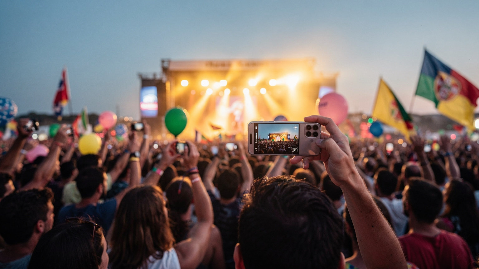 Uma multidão animada em um festival de música de verão em Portugal, com balões e luzes coloridas, e uma pessoa usando o telefone para filmar o palco ao fundo, capturando a energia do evento.