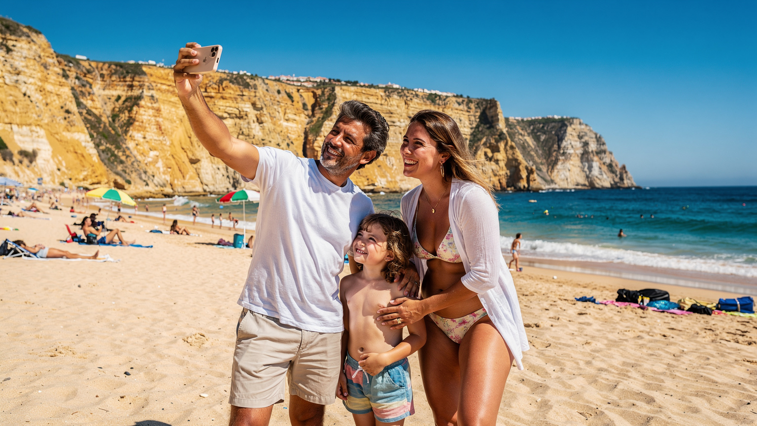Uma família feliz, incluindo uma criança, na Praia da Rocha em Portimão, com um dos pais usando o iPhone 18 para tirar uma selfie, mostrando o mar azul e as falésias ao fundo.