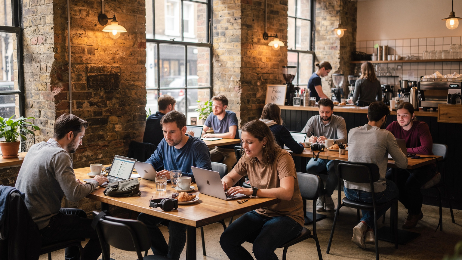 Un café acogedor y bien iluminado en el barrio de Shoreditch, Londres, con varios clientes trabajando en sus ordenadores portátiles y disfrutando de bebidas, con un cartel de 'Free WiFi' visible.