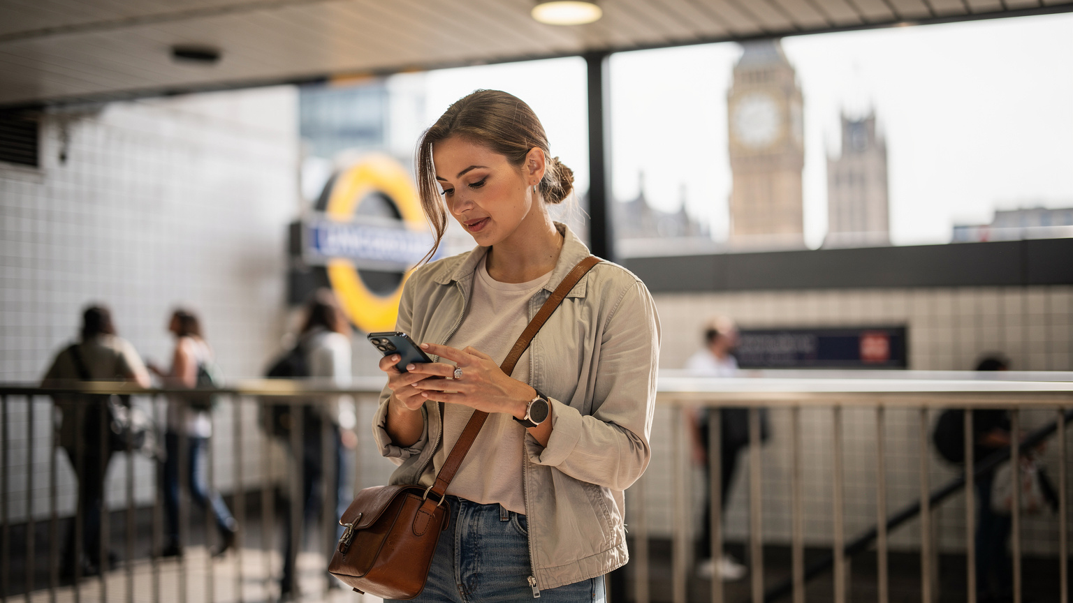Una viajera activa revisando su teléfono en el andén de la estación de metro de Westminster en Londres, con el Big Ben visible a lo lejos, bajo una luz de día brillante.