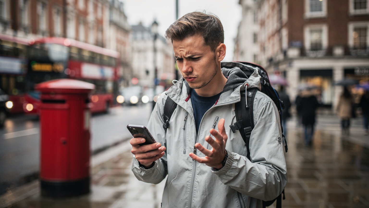 Un viajero joven y frustrado mira su teléfono con la señal de 'sin servicio' o 'sin red' en una calle concurrida de Londres, cerca de un icónico buzón rojo, mostrando la dificultad de la conectividad.