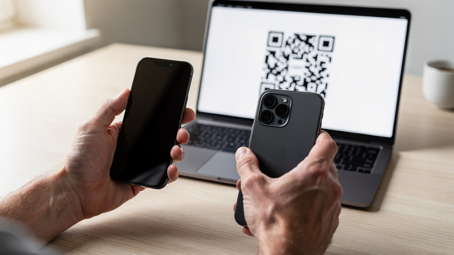 Manos de una persona sosteniendo un smartphone mostrando un código QR en la pantalla de un ordenador portátil, mientras otra mano sostiene un segundo smartphone escaneando ese código, en un escritorio de madera claro.
