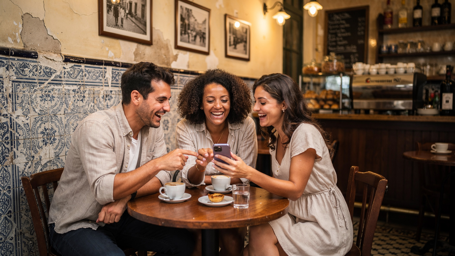 Um grupo de três amigos sentados em um café tradicional de Lisboa, com azulejos e decoração clássica, todos com seus celulares, compartilhando risadas e momentos. Um deles está apontando para a tela do celular do outro, como se estivesse mostrando algo interessante.