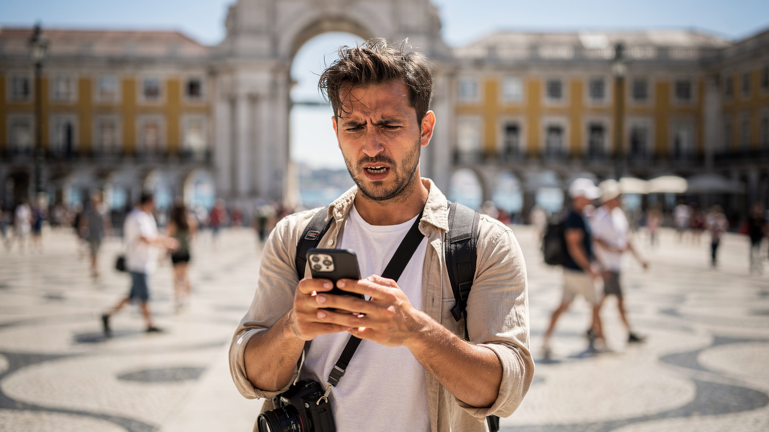 Um viajante frustrado segurando o celular, exibindo um ícone de 'sem sinal' ou 'sem internet', em meio a uma multidão animada na Praça do Comércio em Lisboa durante um evento.