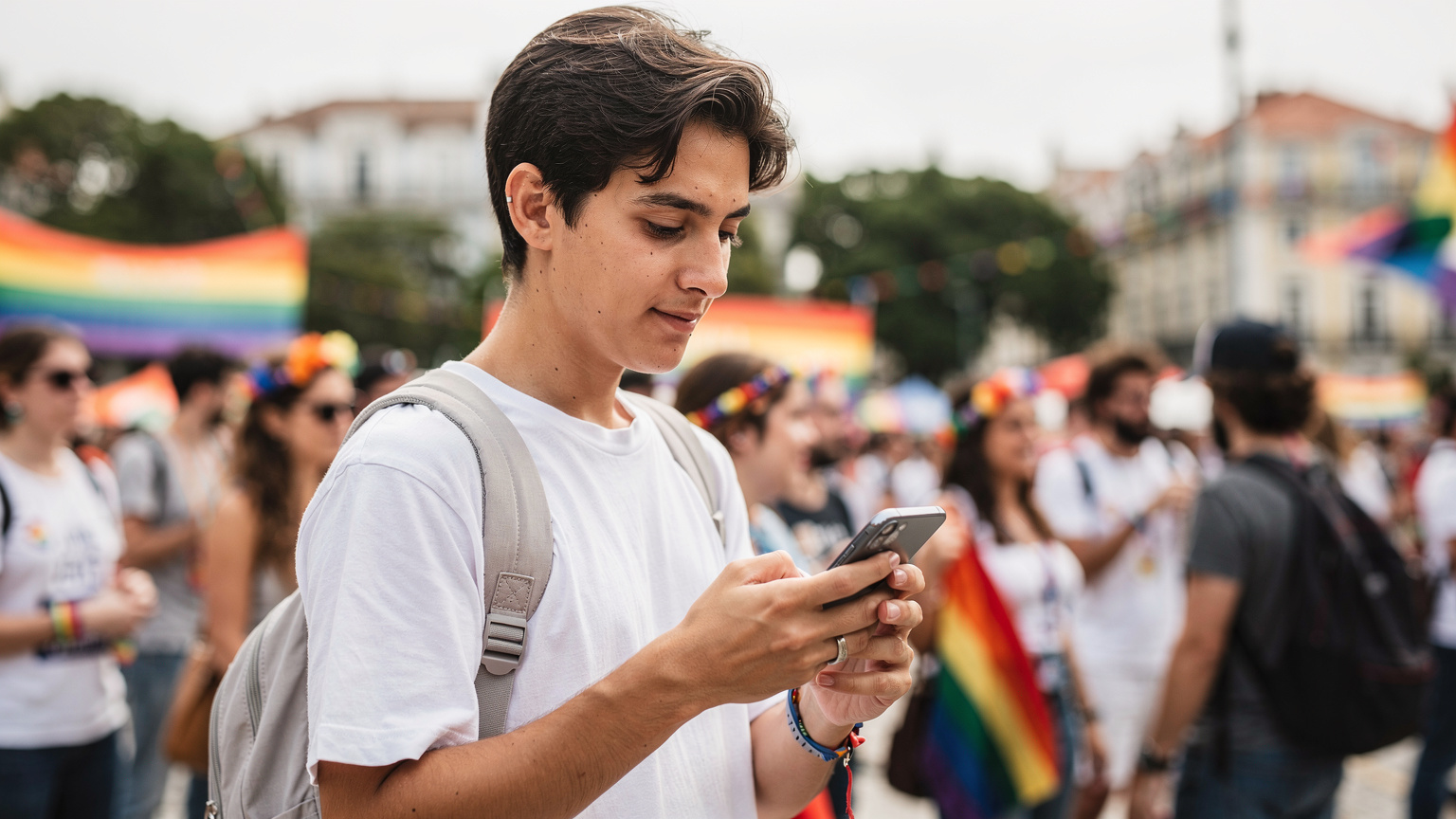Um participante do Arraial Pride em Lisboa usando o celular para navegar pelo evento ou compartilhar nas redes sociais, com a agitação festiva ao fundo.