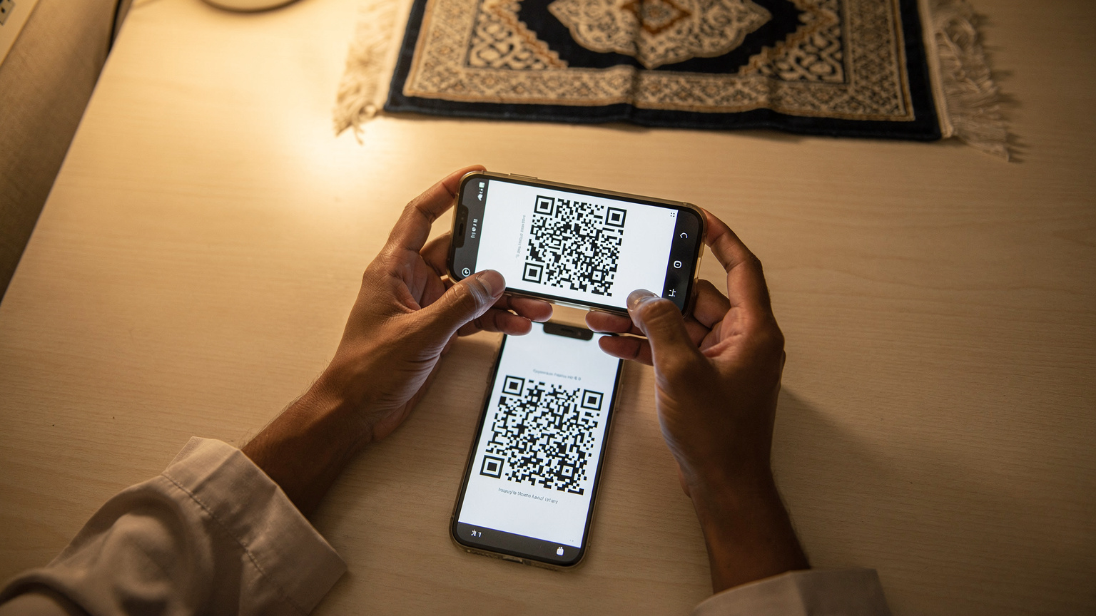 Tangan seorang jemaah sedang mengimbas kod QR eSIM di skrin telefon lain, menunjukkan proses pemasangan eSIM.