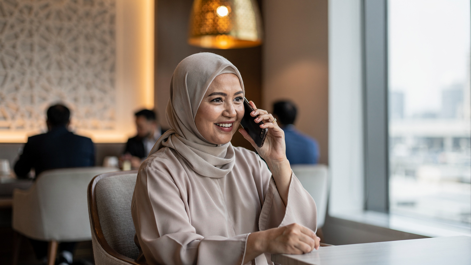 Seorang jemaah wanita Malaysia tersenyum sambil membuat panggilan video kepada ahli keluarga di Malaysia, di sebuah kafe di Makkah.