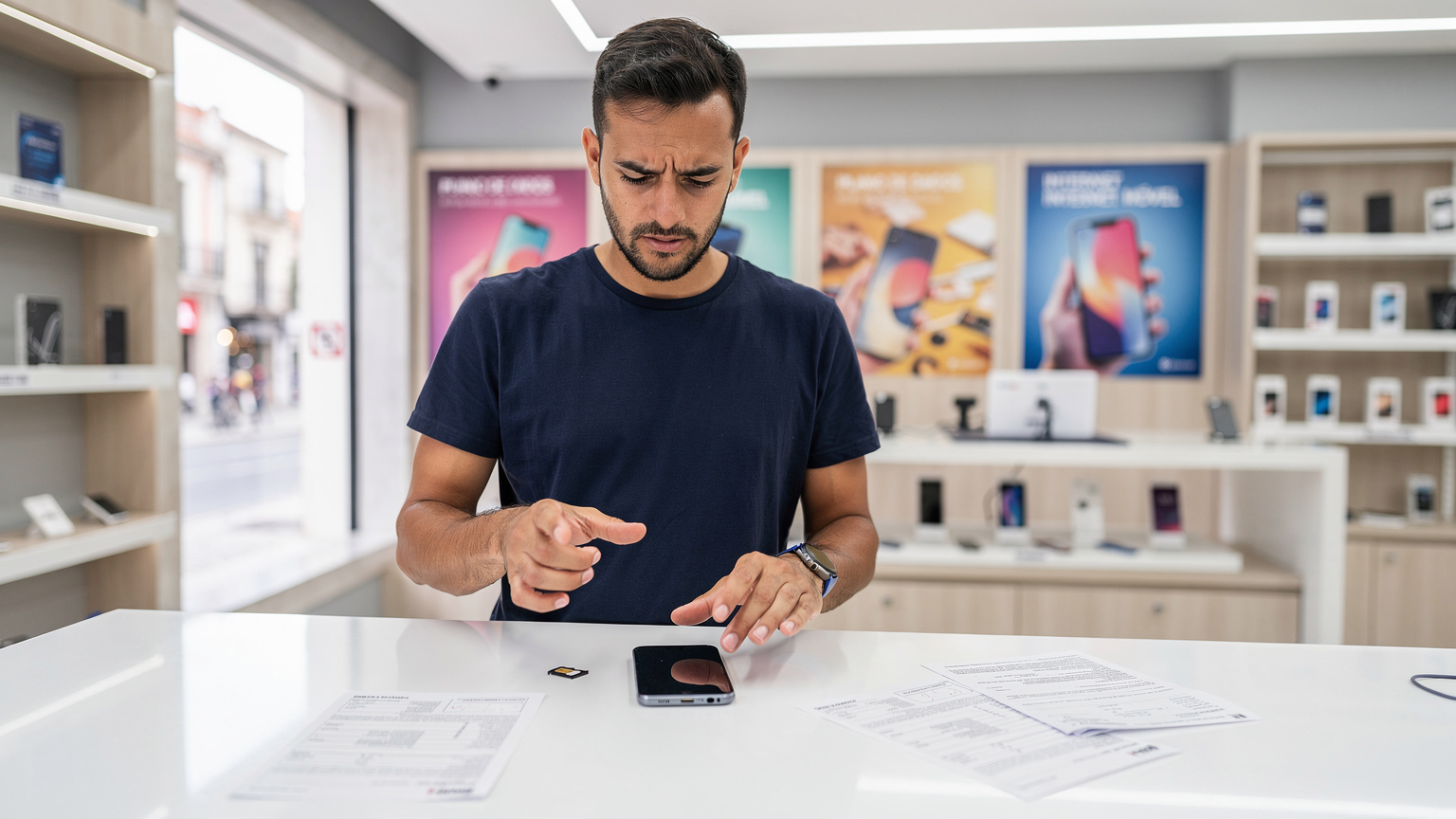 Uma pessoa expressa frustração ao tentar ativar um cartão SIM ou eSIM em uma loja de telefonia móvel em Portugal, com muitos papéis na mesa e um atendente ao fundo.