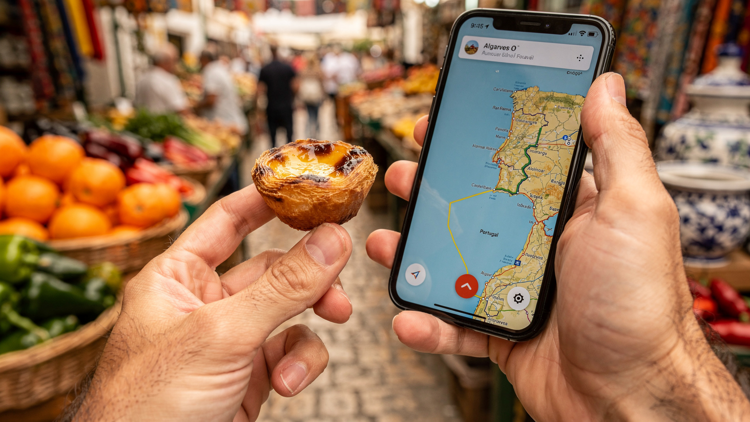 Uma mão segura um smartphone mostrando o mapa de Portugal, enquanto a outra segura um pastel de nata recém-assado em um mercado tradicional no Algarve.