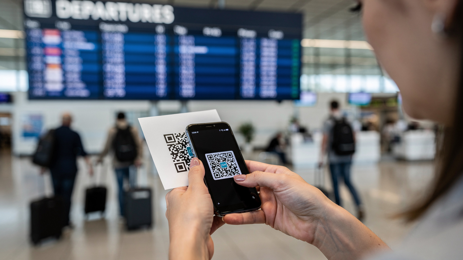 Ruky cestovateľky na letisku v Bratislave skenujú QR kód pre aktiváciu eSIM na svojom telefóne. V pozadí je rozmazaná tabuľa s odletmi a niekoľko ďalších cestujúcich.