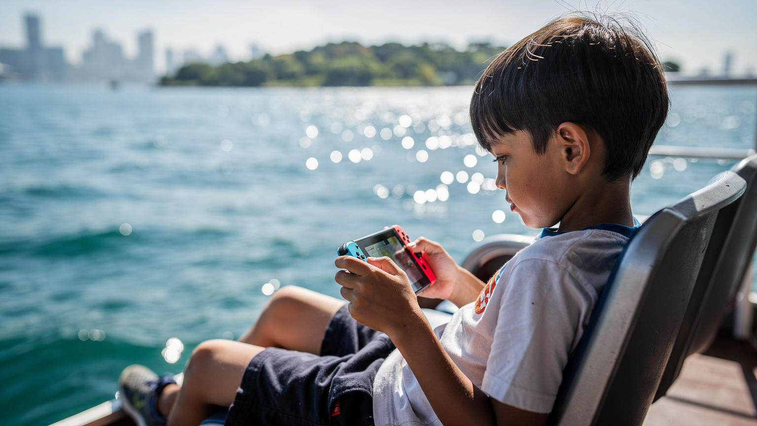 Seorang remaja lelaki sedang bermain permainan video di Nintendo Switch di atas feri yang bergerak antara pulau-pulau di Singapura, dengan latar belakang pemandangan laut yang indah.