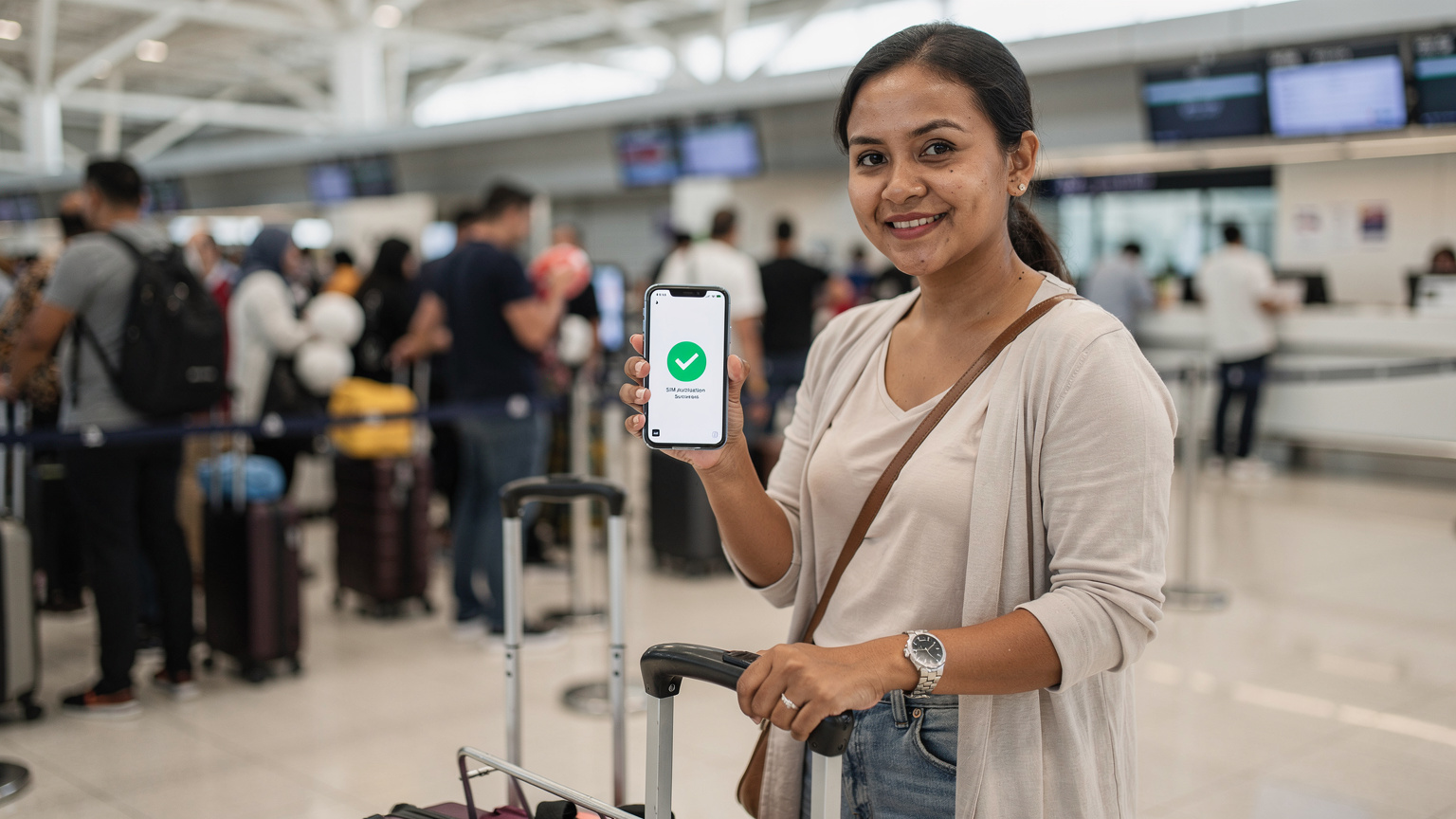 Seorang ibu memegang telefonnya dengan aplikasi Cellesim terbuka, menunjukkan pembelian eSIM yang berjaya sambil beratur di kaunter daftar masuk di Lapangan Terbang Kuala Lumpur.