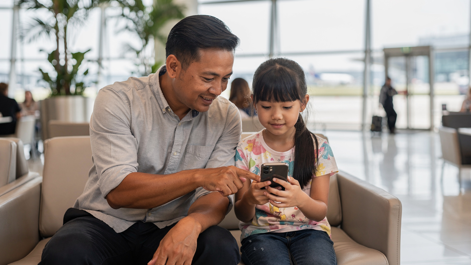 Seorang bapa sedang membantu anak perempuannya memasang eSIM pada telefon pintar mereka di ruang menunggu Lapangan Terbang Changi, menunjukkan kemudahan penggunaan sebelum berlepas.