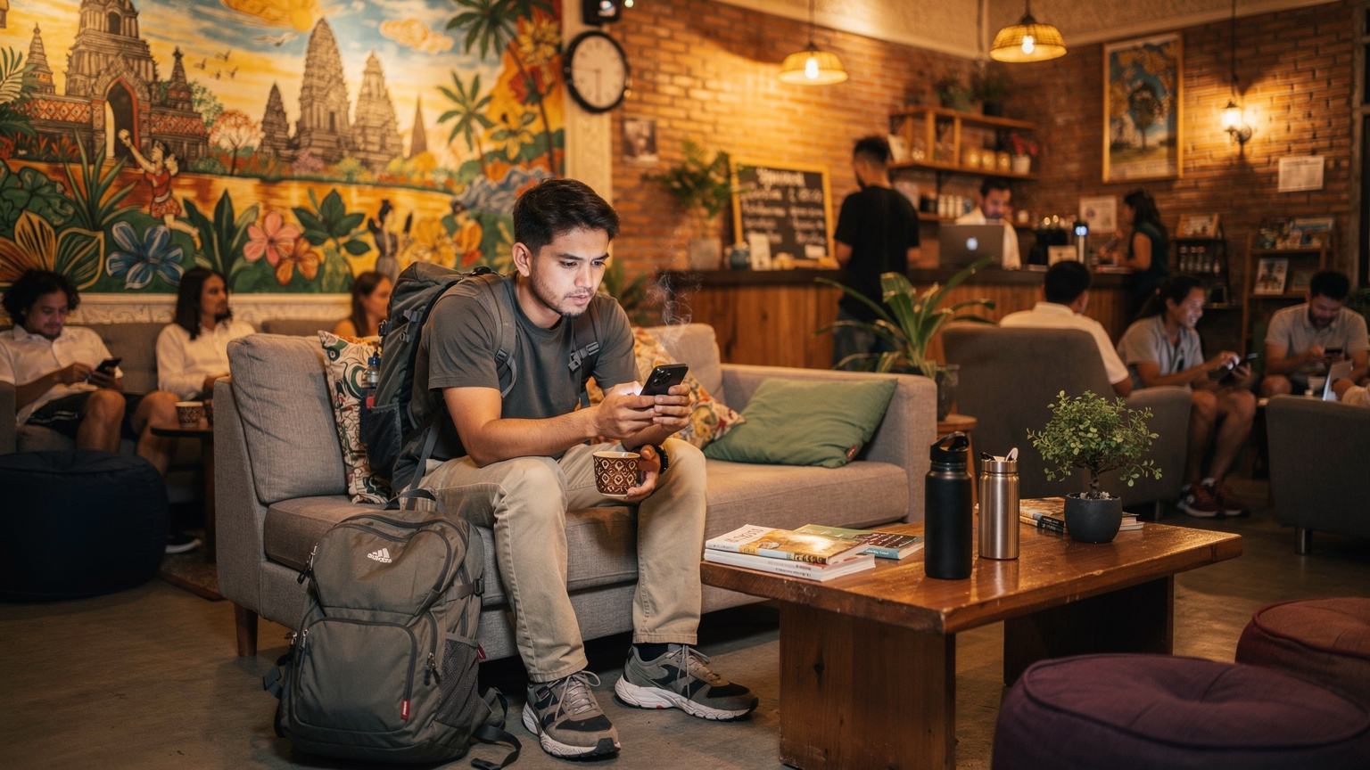 Seorang backpacker muda sedang duduk santai di lobi hostel yang ramai di Yogyakarta, fokus pada Samsung Galaxy S24-nya sambil memegang secangkir kopi, memanfaatkan Wi-Fi gratis untuk menghemat data.