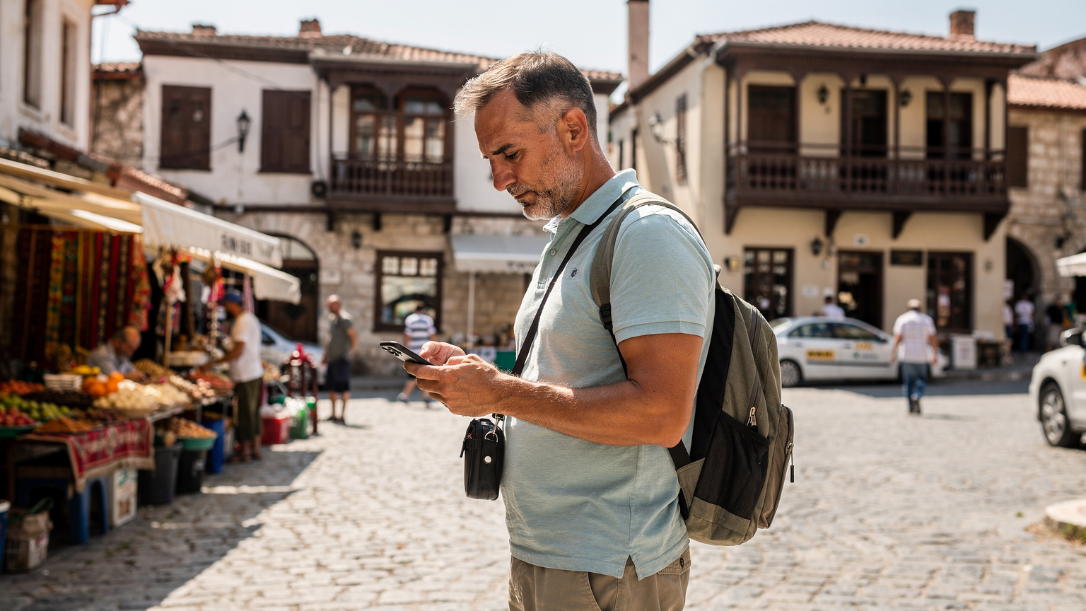 Un călător folosește o aplicație de transport pe telefon, așteptând un taxi într-o piață aglomerată din Antalya, cu arhitectura tradițională turcească pe fundal.
