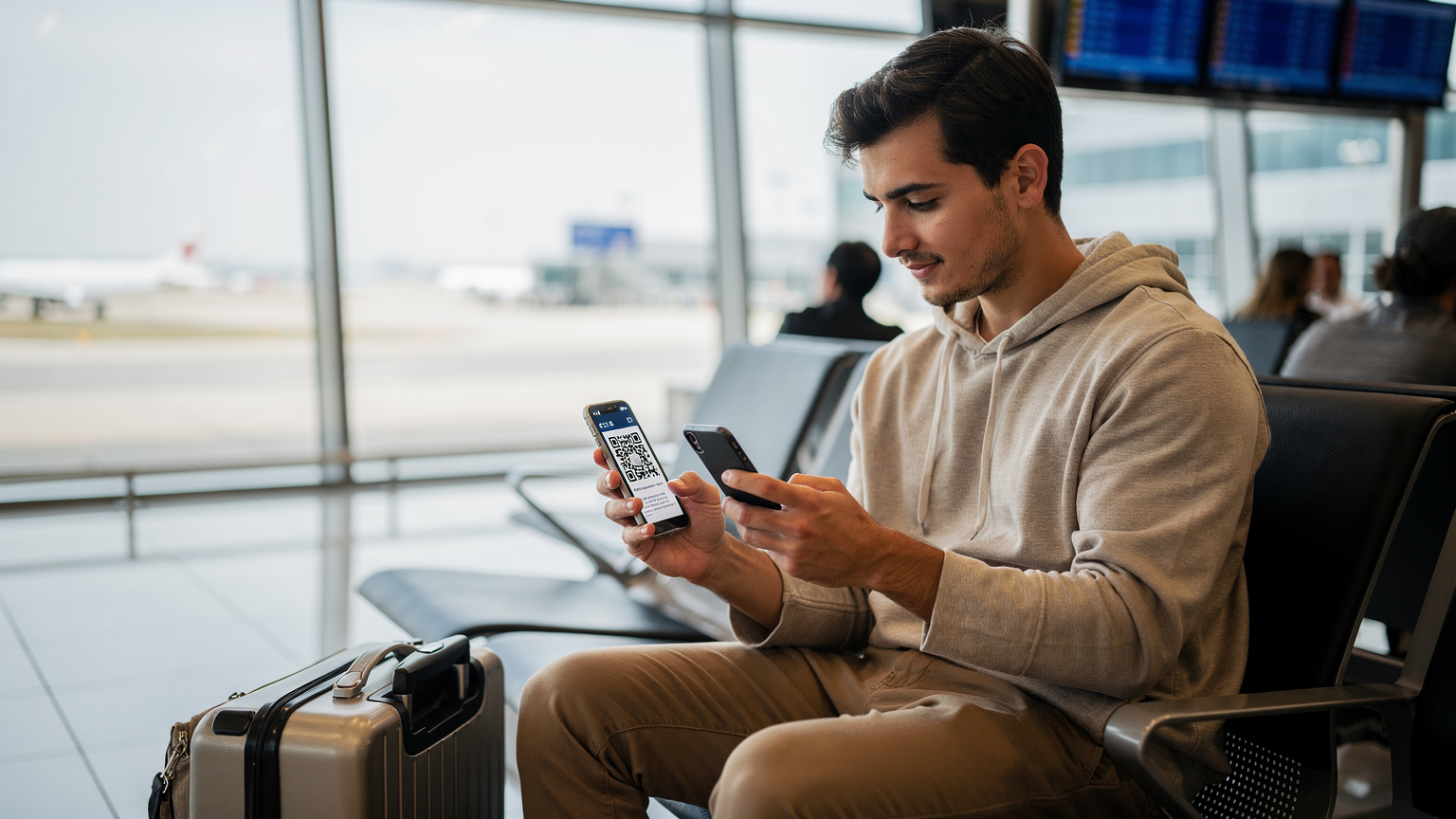 Yurt dışı bir havaalanında, valizinin yanında oturmuş, akıllı telefonunda eSIM kurulumu için e-posta ile gelen QR kodu tarayan genç bir gezgin.