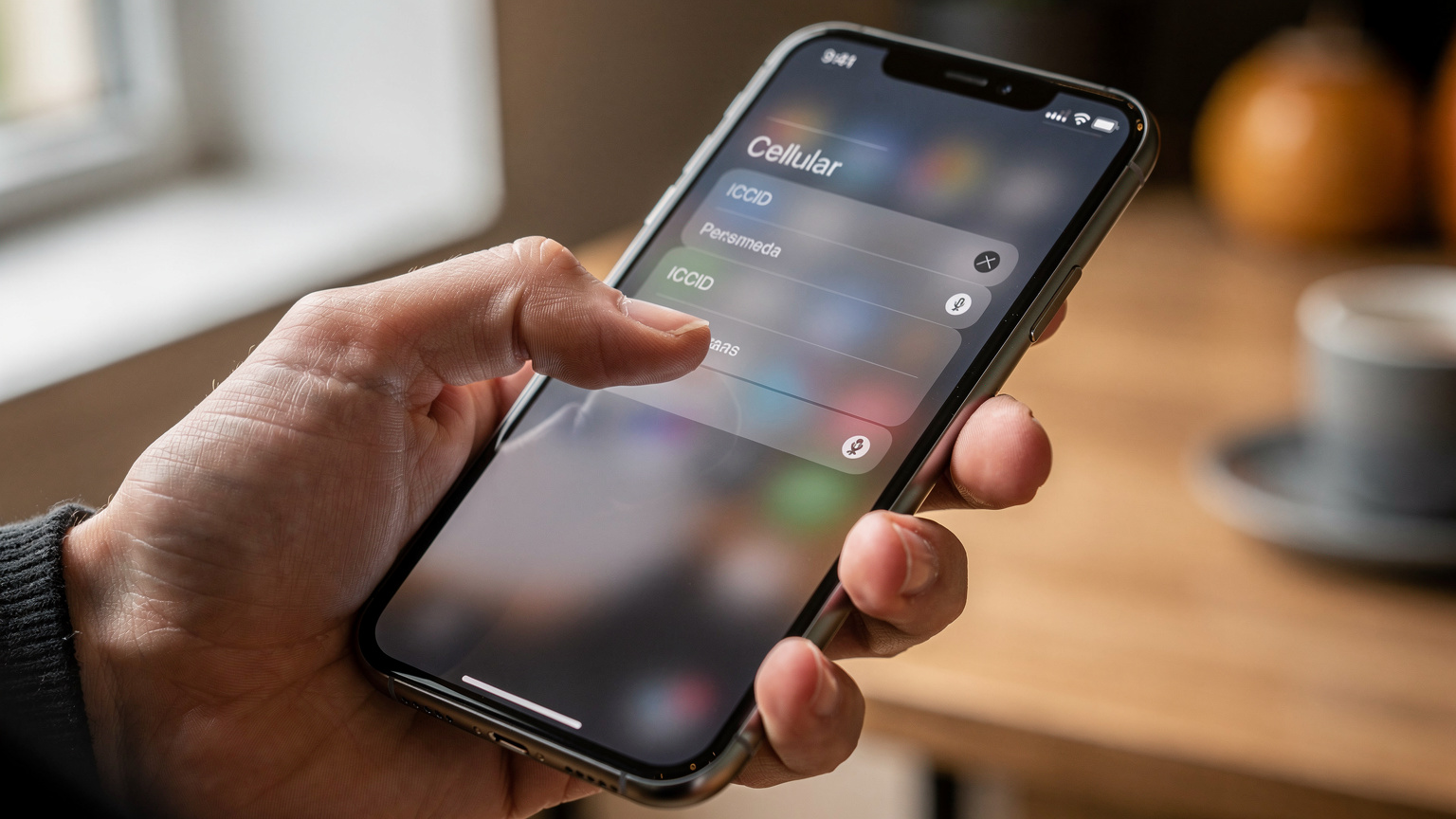 A close-up of a hand holding an iPhone, with the screen displaying the 'Cellular' settings and the ICCID field highlighted, set against a blurred background.