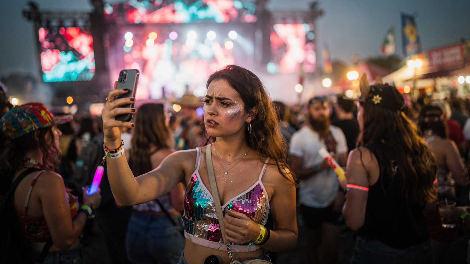 A traveler standing amidst a large, vibrant music festival crowd in Europe, holding their phone up, looking at the screen with a slightly frustrated expression, searching for a signal.
