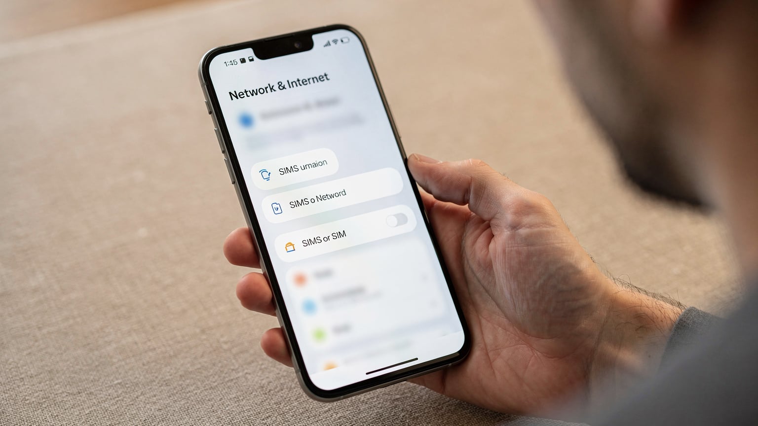 A hand holding an Android smartphone, navigating through the 'Network & Internet' settings, with an option related to eSIMs visible on the screen.