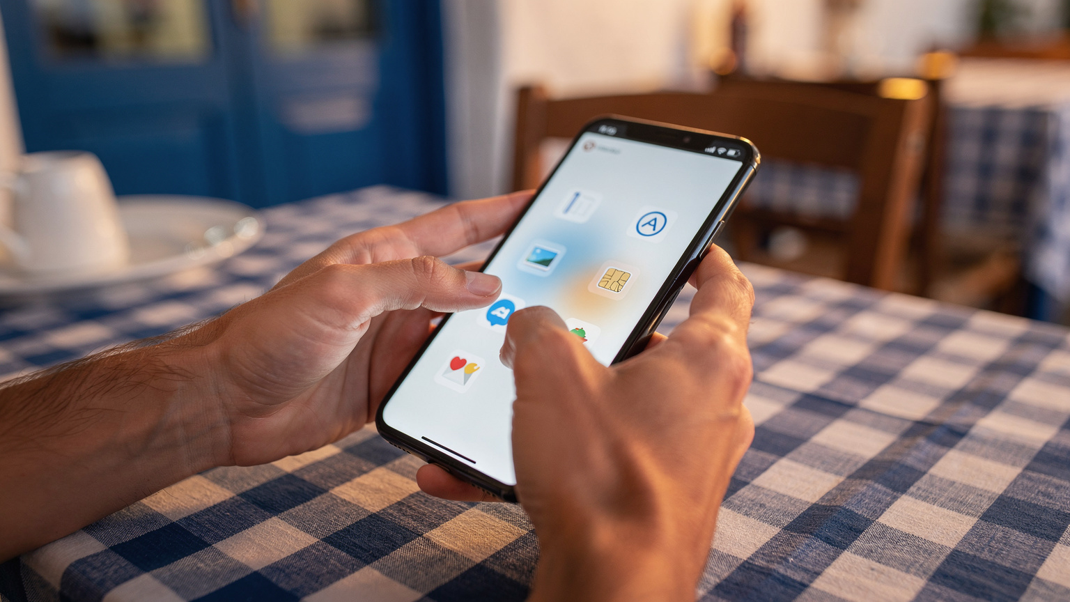 Nærbillede af en persons hænder, der holder en smartphone med et eSIM-installationsskærmbillede. Baggrunden er sløret, men antyder en hyggelig taverna på en græsk ø med traditionelle blå og hvide farver.