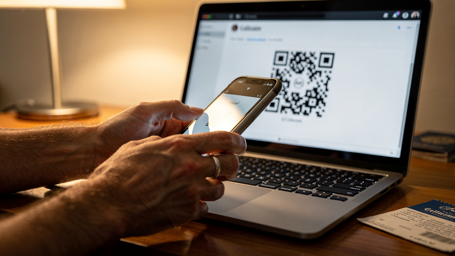 Mão escaneando QR code de um e-mail em um laptop para ativar eSIM Cellesim.