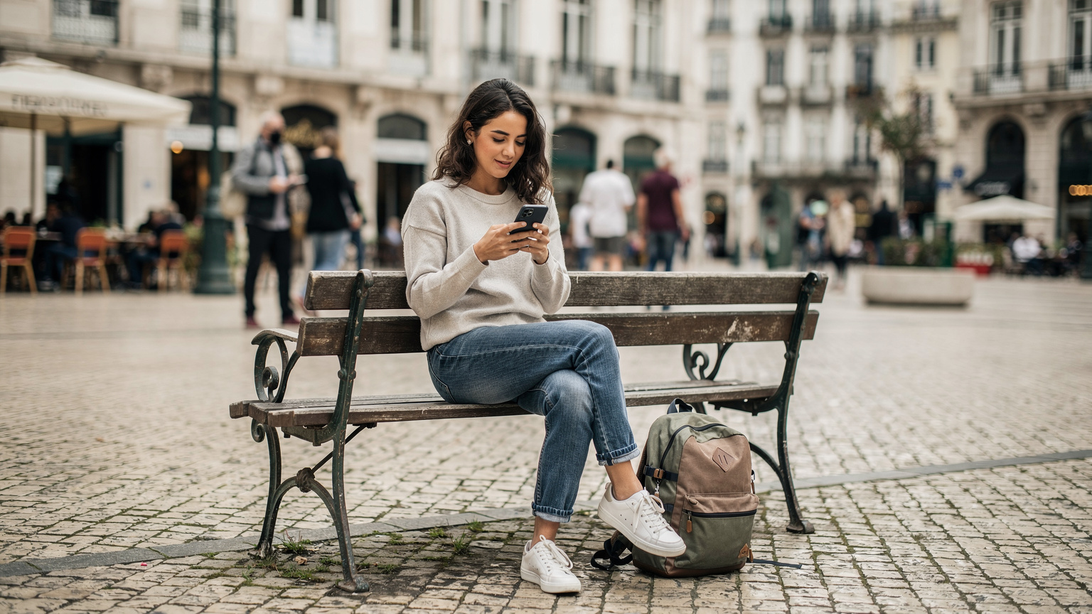 Mulher viajante olhando o smartphone em uma praça europeia.