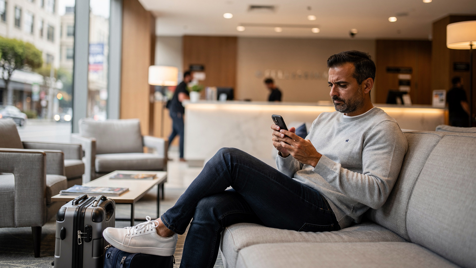 Un padre italiano è seduto sul divano della hall di un hotel a San Francisco, con il suo smartphone in mano, mentre confronta i diversi piani eSIM USA sul sito di Cellesim, cercando la soluzione migliore per la connettività della sua famiglia per un mese.