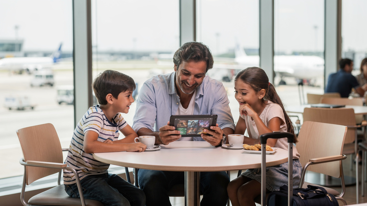 Un padre italiano è seduto al tavolo di un caffè all'aeroporto di Milano Malpensa, con i suoi due figli, un maschio e una femmina. Il padre sta mostrando loro un iPad dove sono stati scaricati diversi film e giochi prima del volo per gli USA.