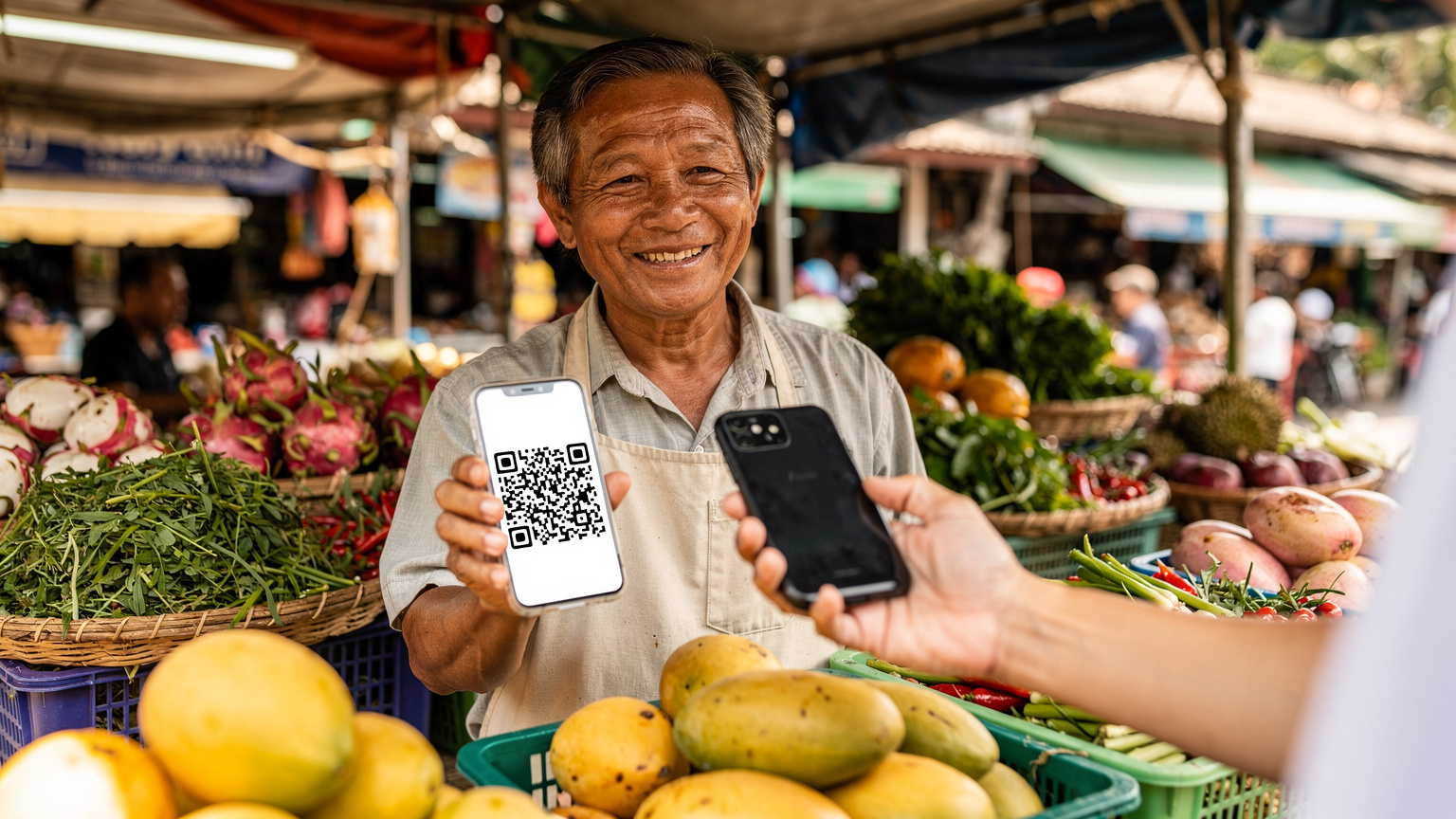 En travel selger på et lokalt marked i Thailand tar imot betaling via mobilbetaling, med ferske frukter og grønnsaker i bakgrunnen.