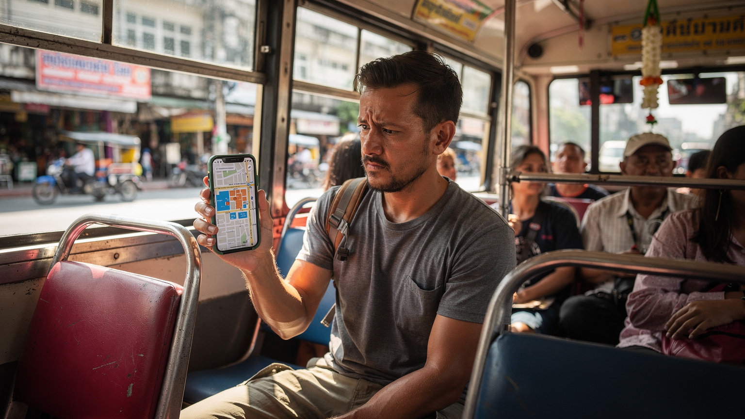 En reisende sitter på en overfylt lokal buss i Thailand og holder opp telefonen med et kart over Bangkok, mens han prøver å navigere.