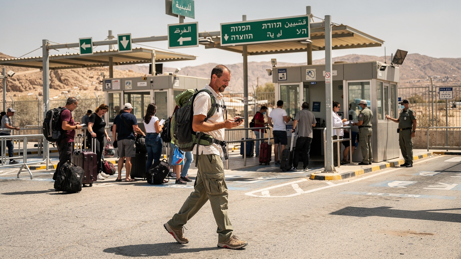Ein Reisender überquert zu Fuß eine belebte Landgrenze in der Nähe von Eilat, Israel, mit seinem Rucksack und einem Smartphone in der Hand, auf dem eine Reise-App geöffnet ist, während im Hintergrund Grenzschalter und Schilder in Hebräisch und Arabisch zu sehen sind.