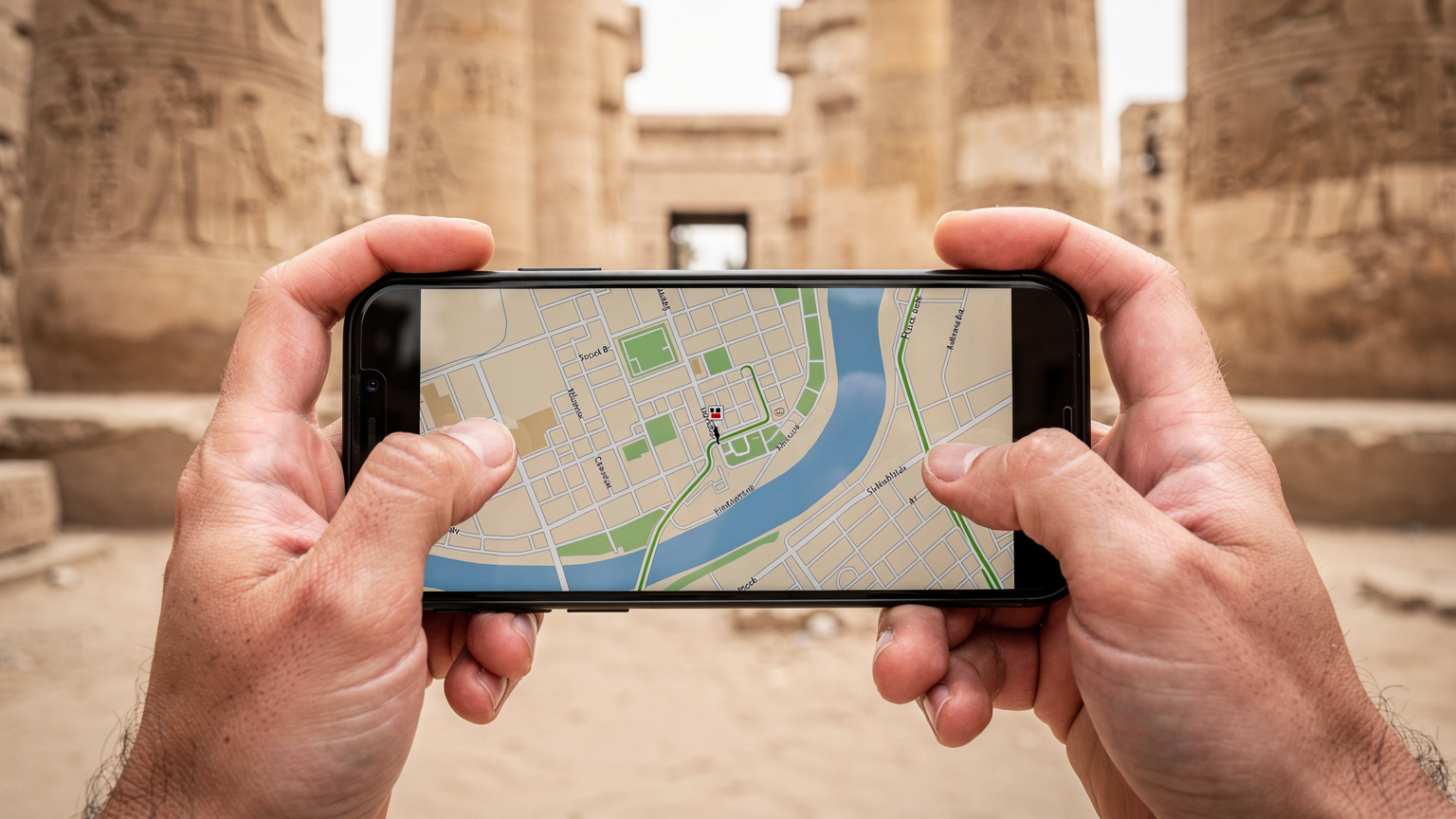 Nahaufnahme von Händen, die ein Smartphone halten, auf dem eine Offline-Karte von Luxor in Google Maps angezeigt wird, während im Hintergrund verschwommen die majestätischen Ruinen des Karnak-Tempelgeländes zu sehen sind.