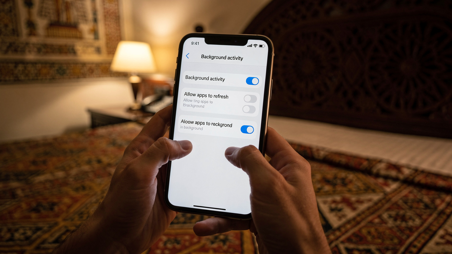 Nahaufnahme eines Smartphones, das den Einstellungsbildschirm zur Deaktivierung der Hintergrundaktualisierung von Apps anzeigt. Das Telefon wird von Händen gehalten, in einem Hotelzimmer mit einem ägyptischen Dekor im Hintergrund.