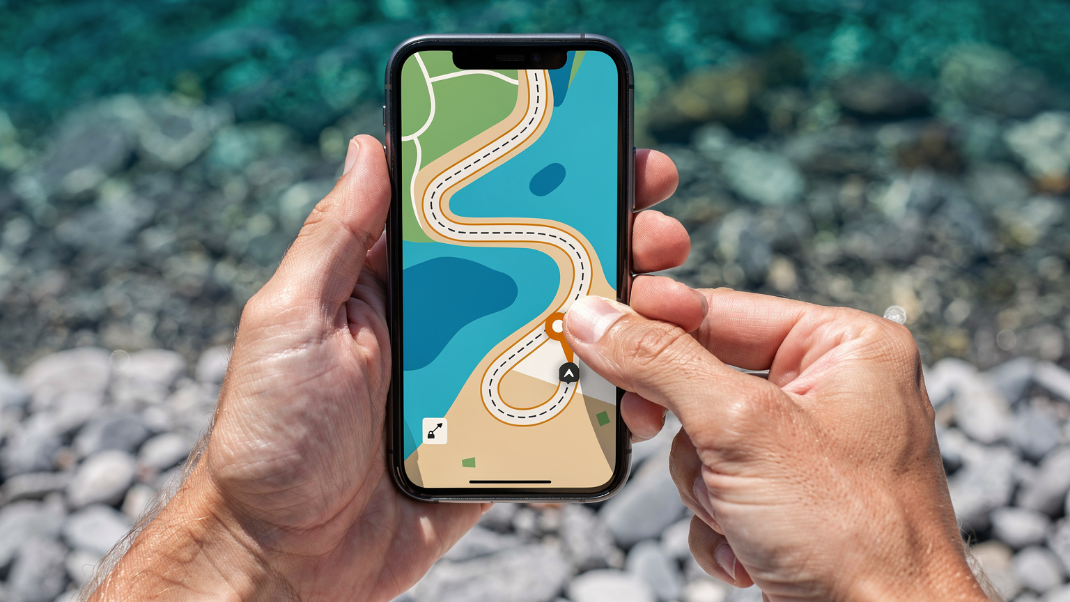 Detailní záběr rukou na smartphonu, kde se zobrazuje mapa s trasou k odlehlé pláži v Chorvatsku. V pozadí je rozmazané tyrkysové moře a oblázky.