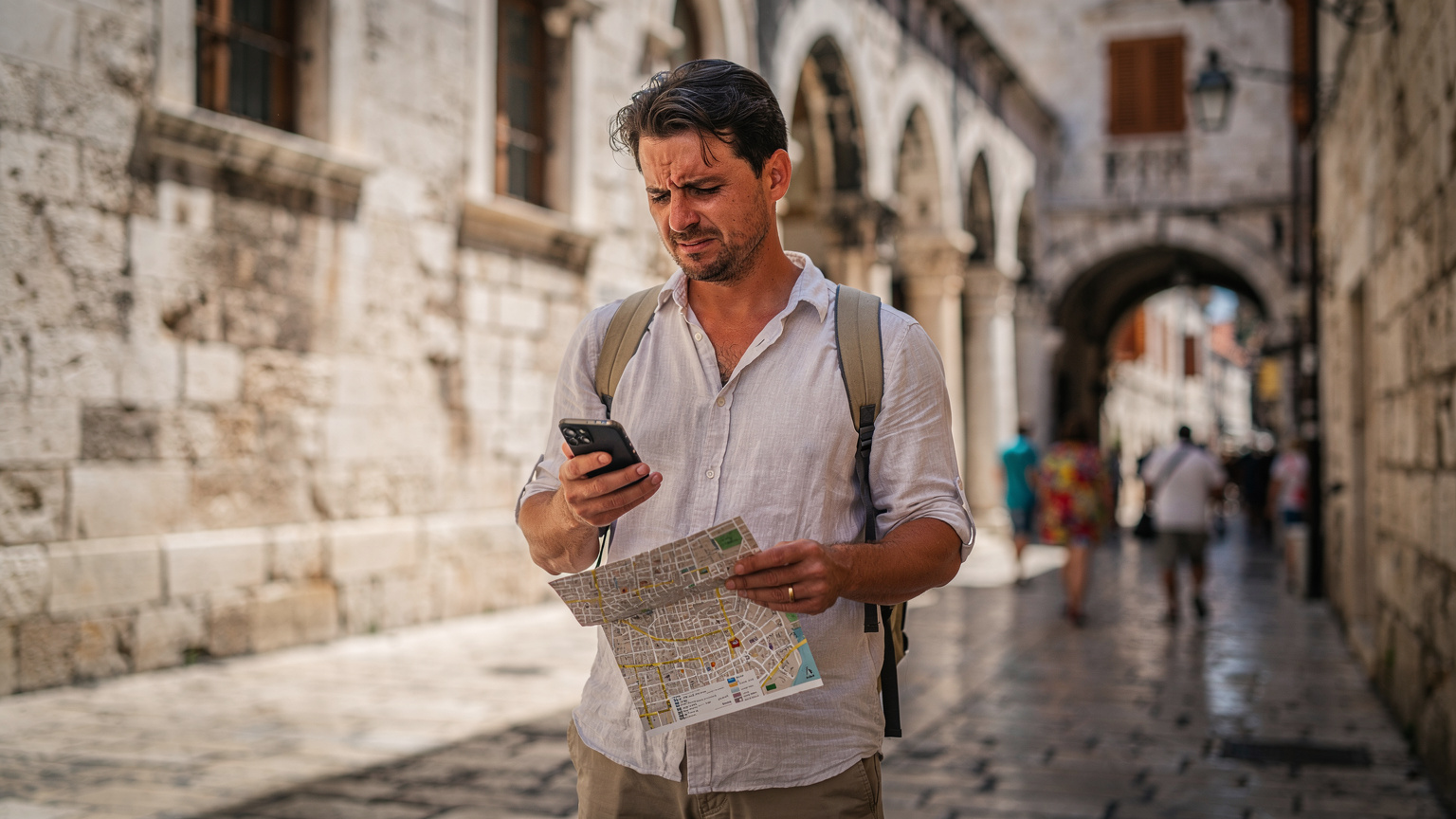 Zamyšlený cestovatel drží telefon a prohlíží si mapu před historickou budovou v chorvatském Splitu, s výrazem mírné frustrace, zatímco v pozadí se míhají turisté.