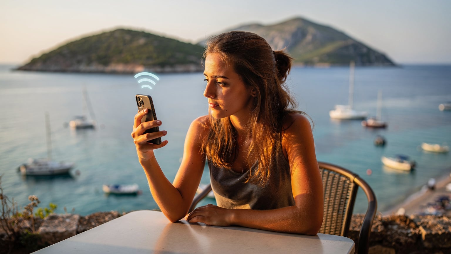 Cestovatelka kontroluje pokrytí signálu na svém telefonu, zatímco sedí na terase s výhledem na Jaderské moře, s loděmi kotvícími v zátoce a sluncem zalitými ostrovy v pozadí.