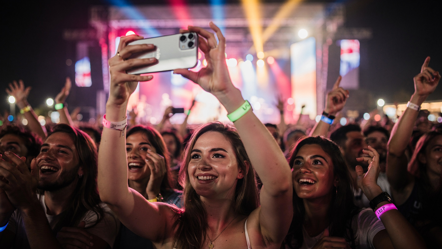 Uma mulher animada em um festival de música português, com um iPhone 18 na mão, tirando fotos e interagindo com a multidão, sob as luzes vibrantes de um palco à noite.