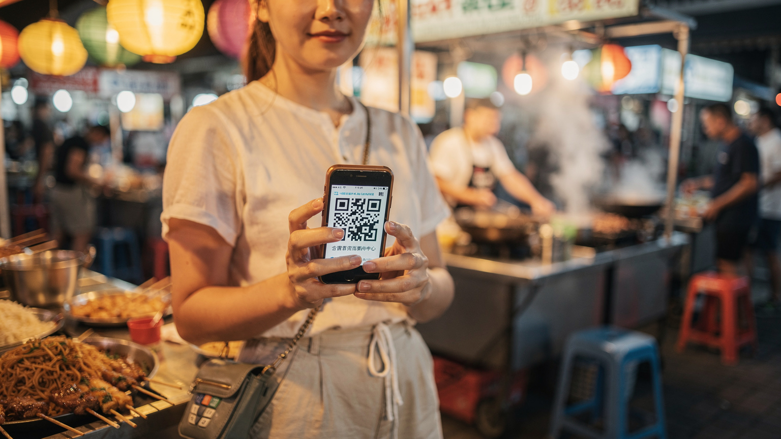 一名中国游客在普吉岛一个繁忙的夜市摊位前,手机屏幕上显示着QR码,正准备使用移动支付。