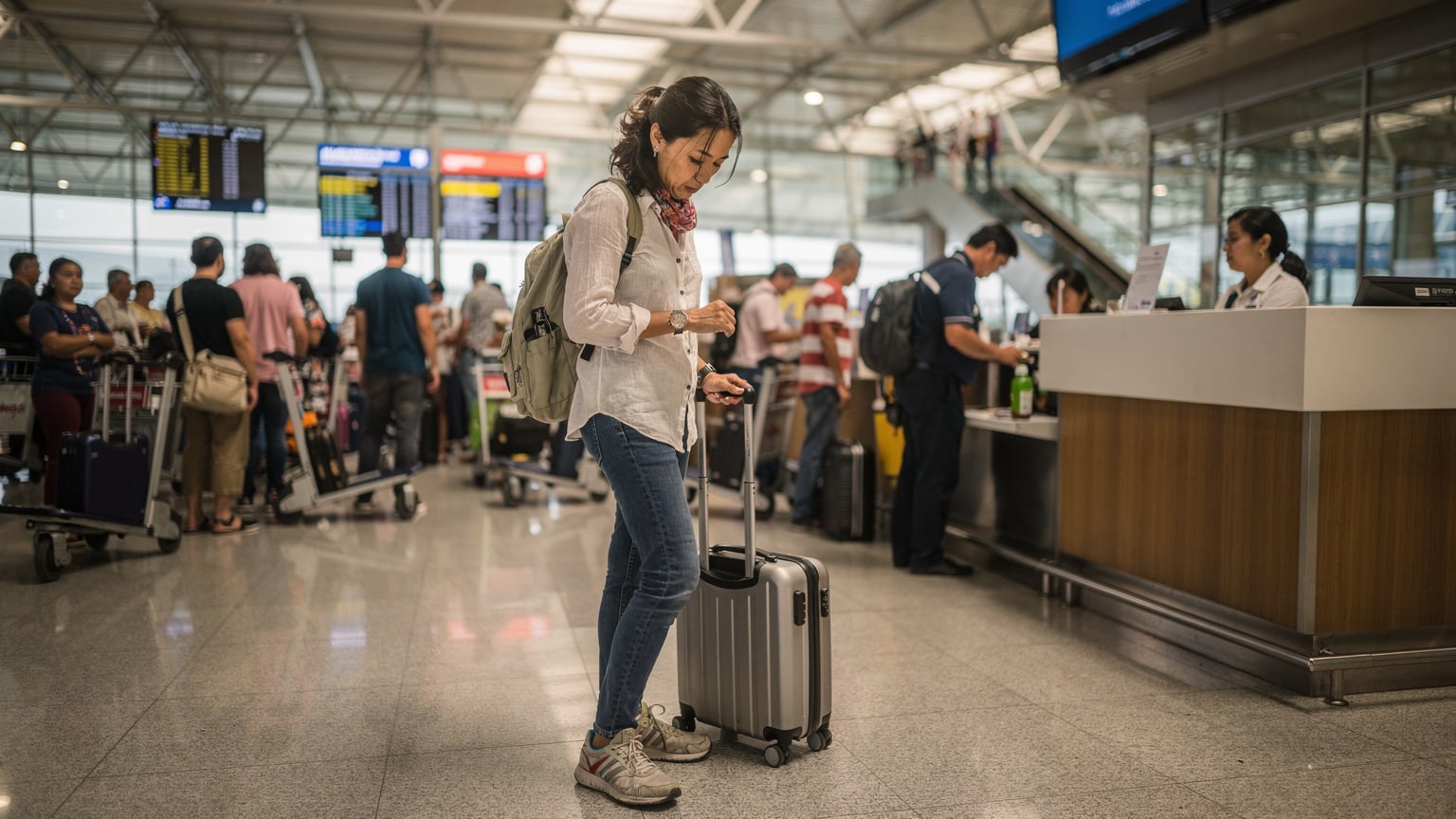 一名旅行者在曼谷素万那普机场的运营商柜台前排队,表情略显疲惫,背景是繁忙的旅客。
