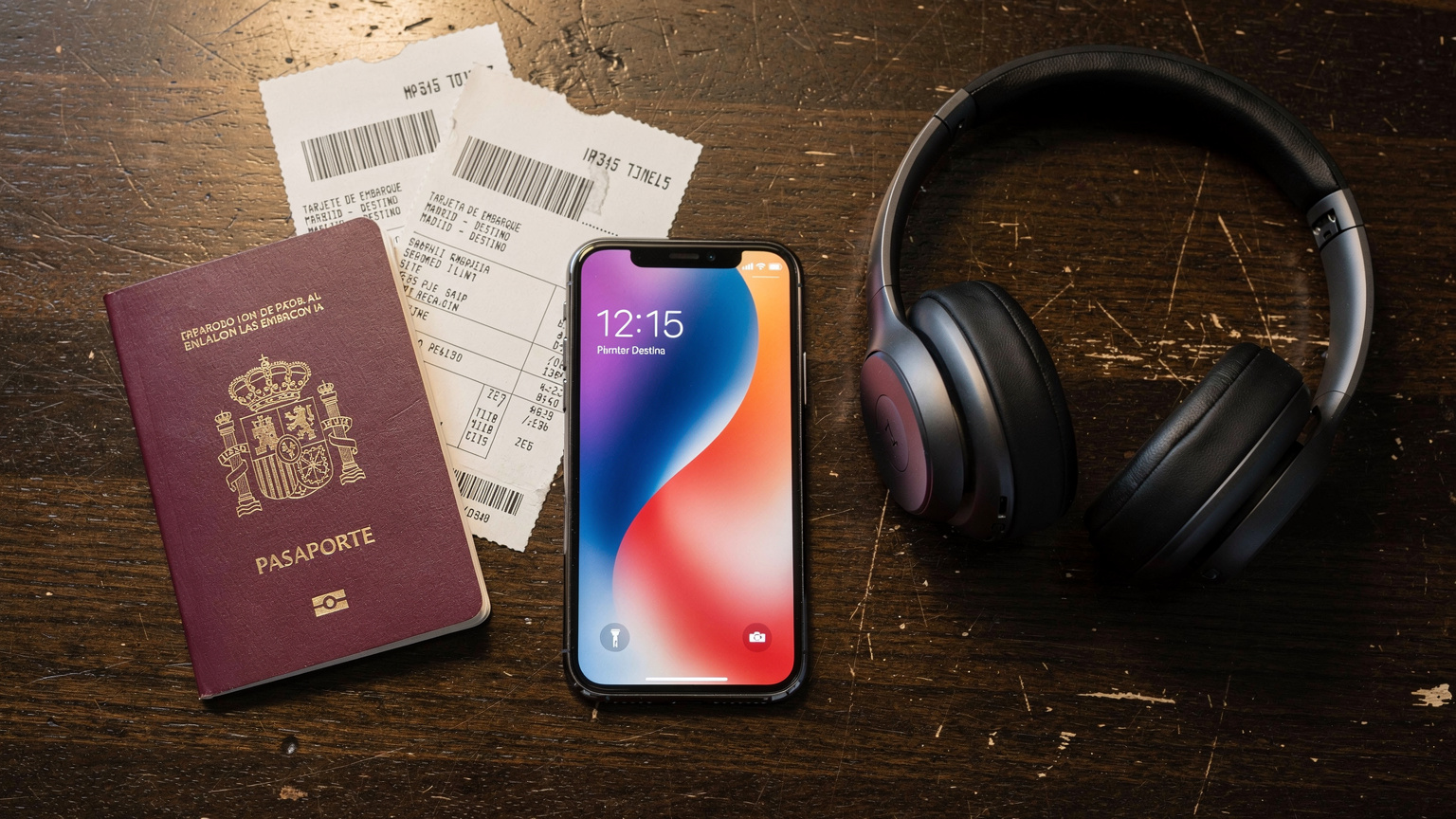 Una composición de objetos de viaje esenciales: un pasaporte español, billetes de avión, un smartphone con la pantalla brillante, y auriculares inalámbricos sobre una mesa de madera oscura, sugiriendo preparación para un viaje.