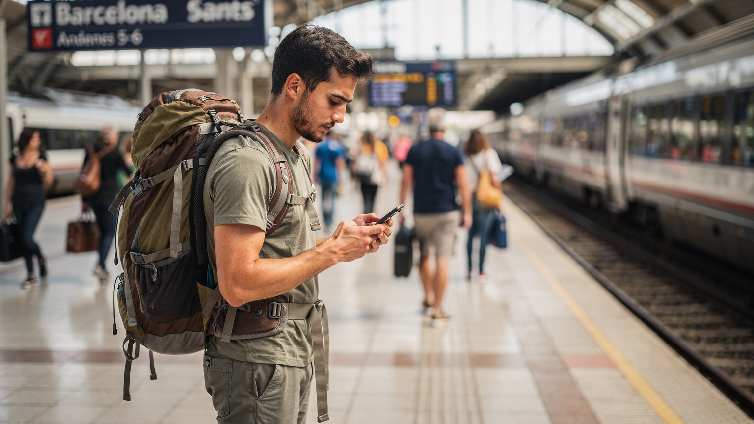 Un joven mochilero con una mochila grande en el andén de una estación de tren concurrida, mirando ansiosamente su teléfono para encontrar la dirección correcta, con una expresión de confusión.